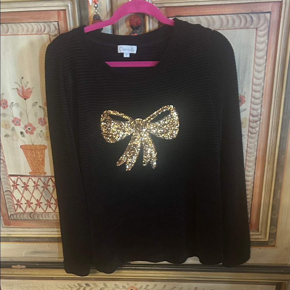 Chenault Black Sweater with Gold Sequin Bow